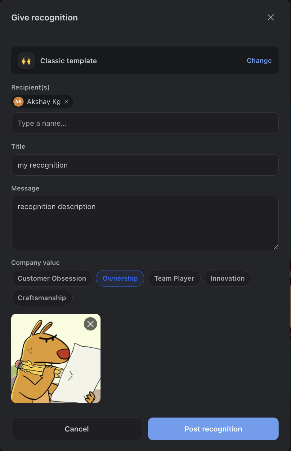 The recognition composer with templates, recipients, values and GIFs