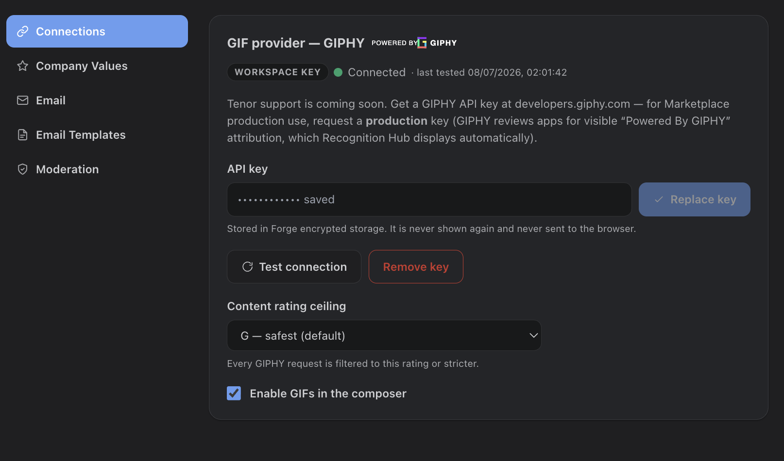 GIPHY connection settings with content rating and test connection