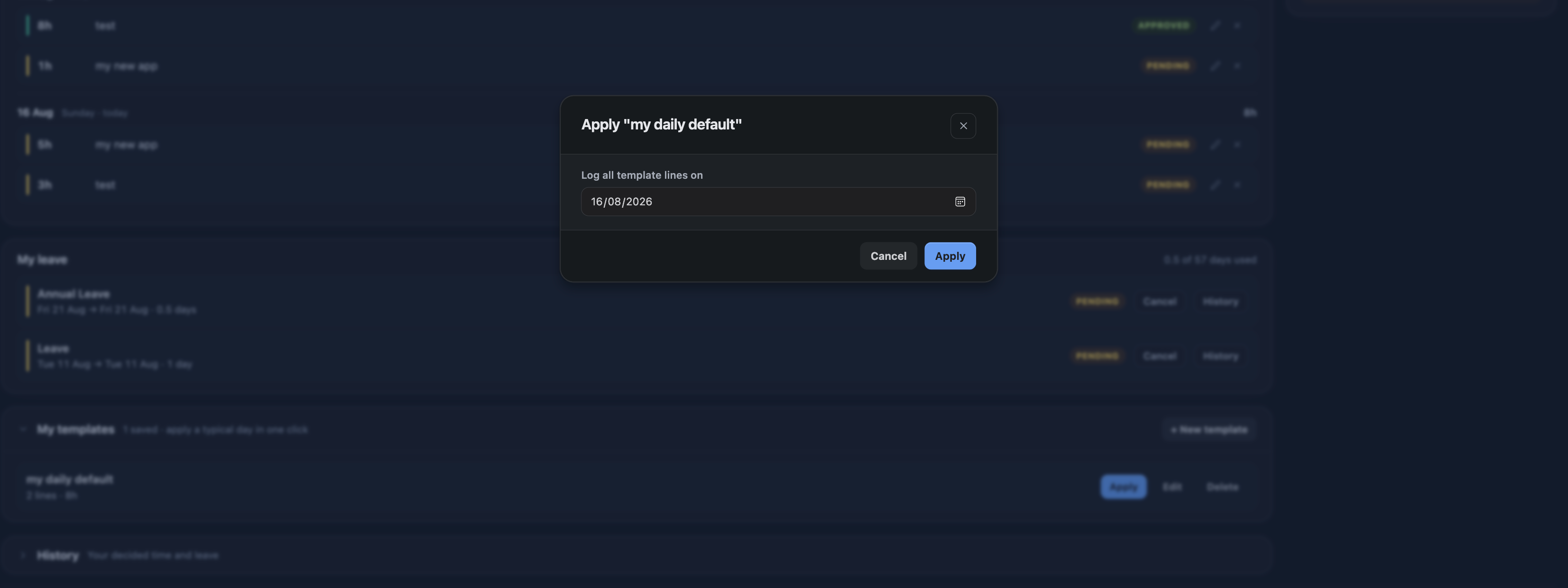 Applying a template from the Summary tab, with the date picker and the template's lines listed
