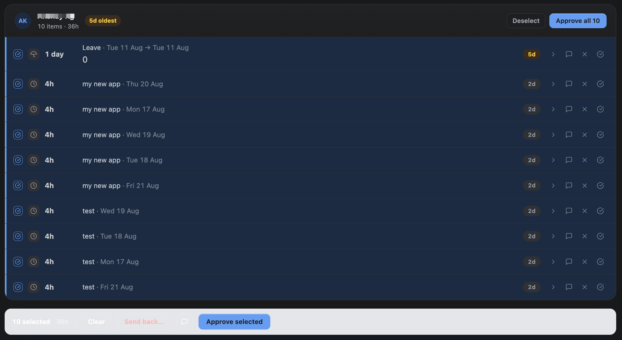 The Approvals queue with several rows selected and the dark bulk action bar pinned at the bottom of the screen