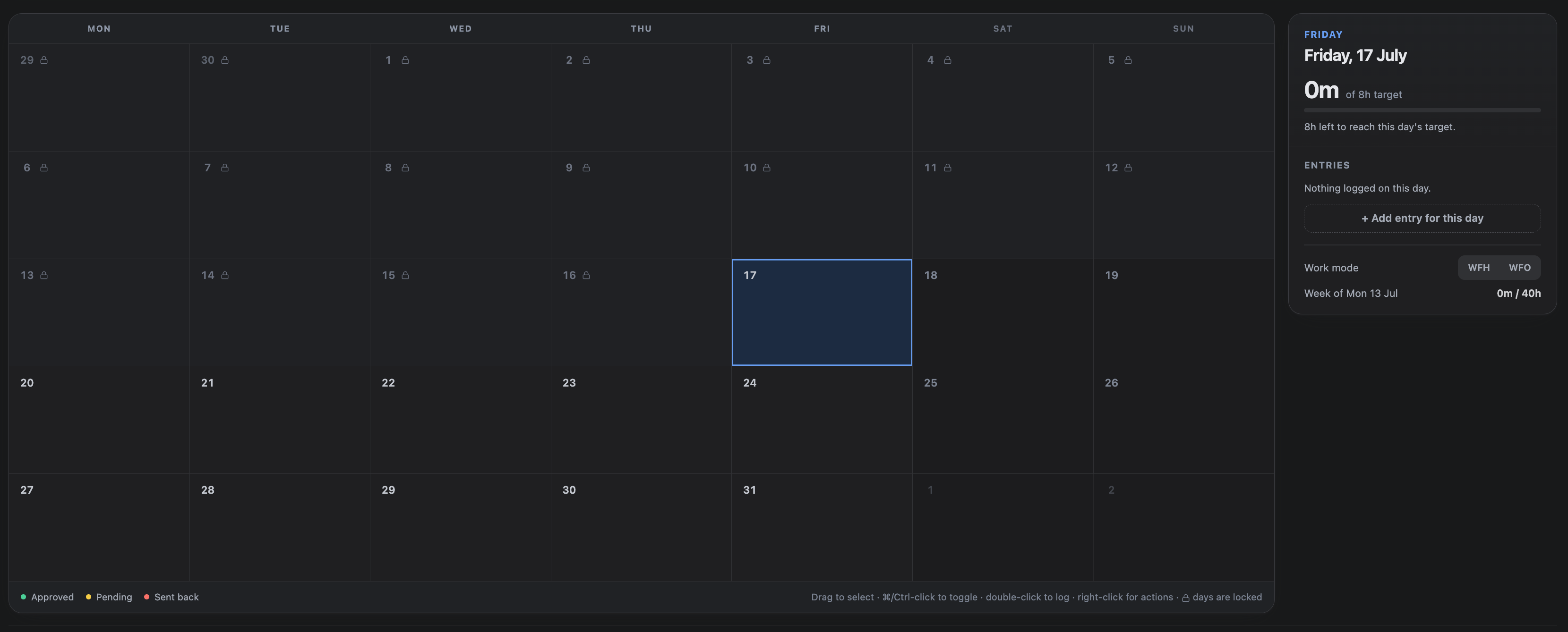 The Calendar with older days greyed out and a lock indicator, alongside editable recent days