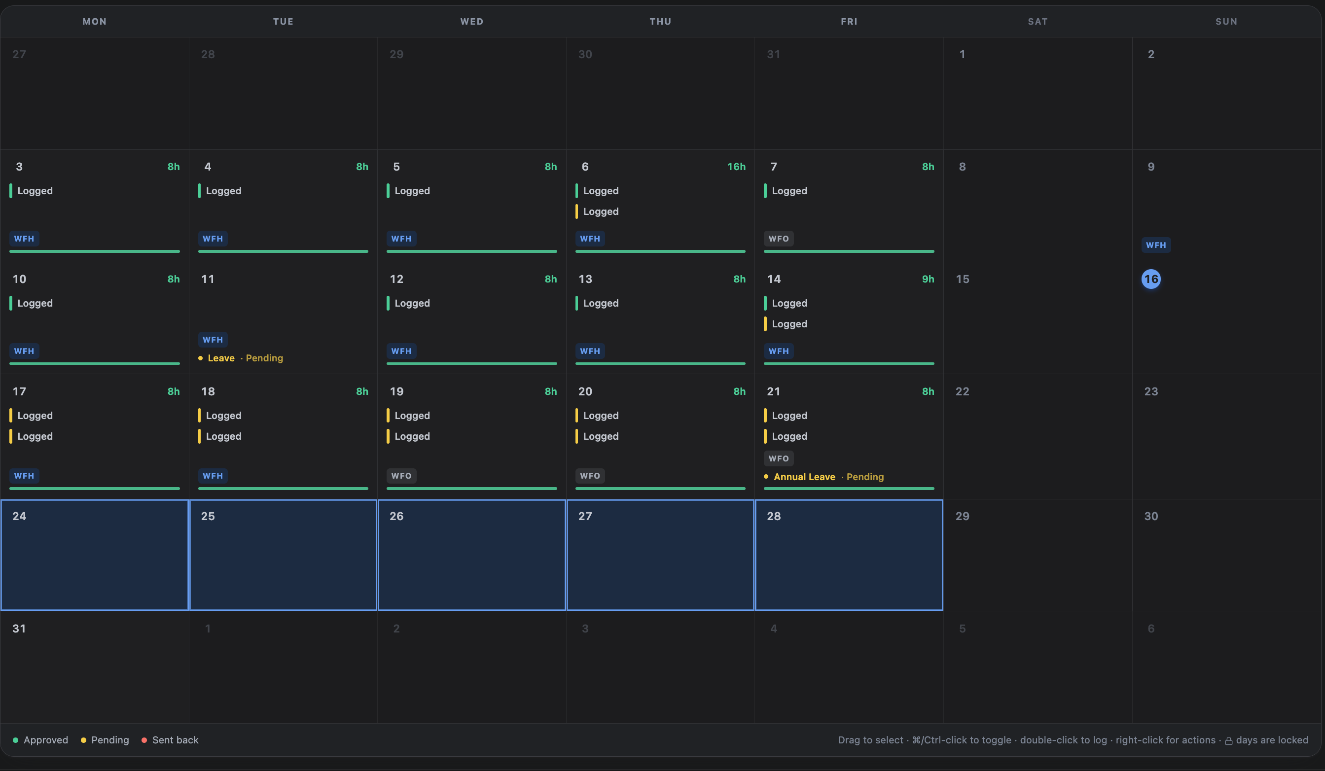 The Calendar with a range of days selected and the toolbar showing the selection count