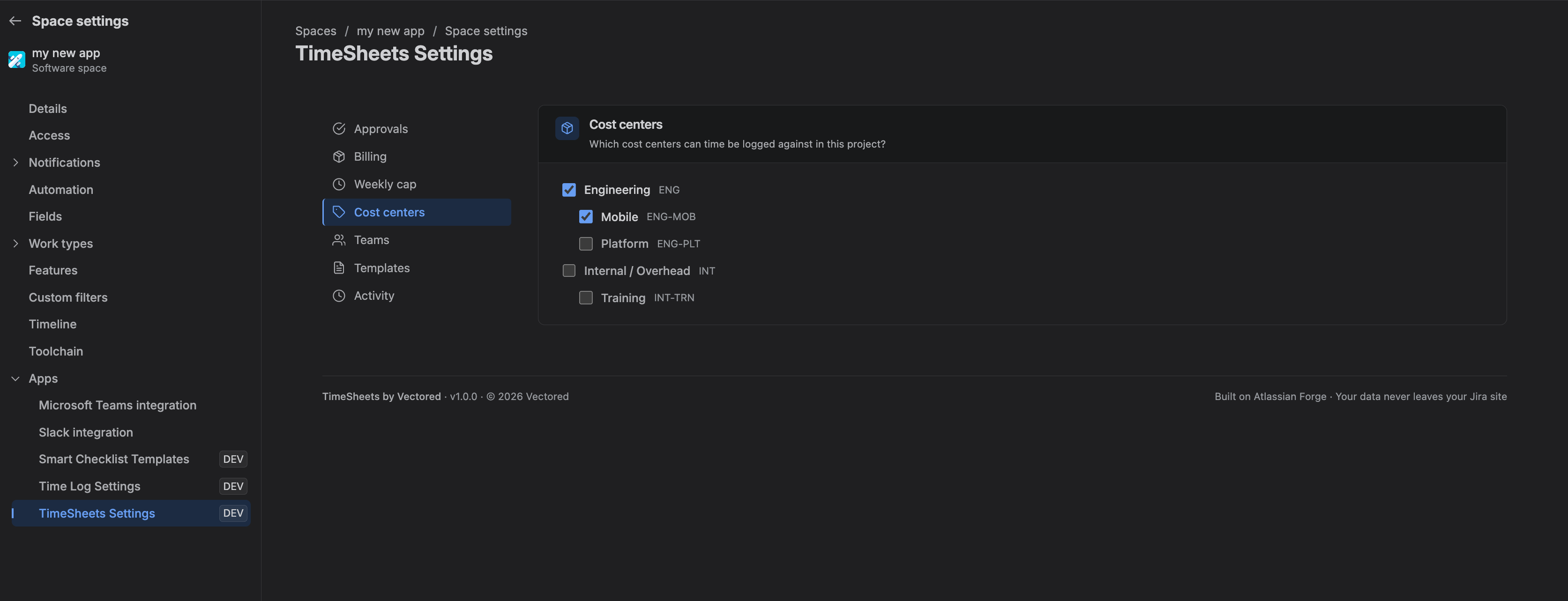 The cost centre tree in Admin Settings, showing a parent with two children