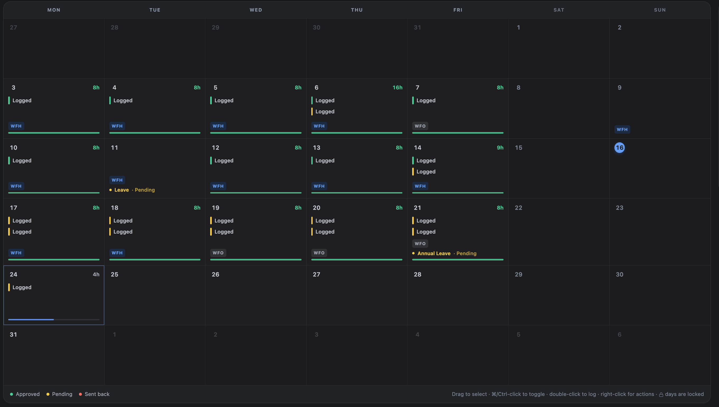 The daily hours meter in the Log time dialog showing hours logged against the working day