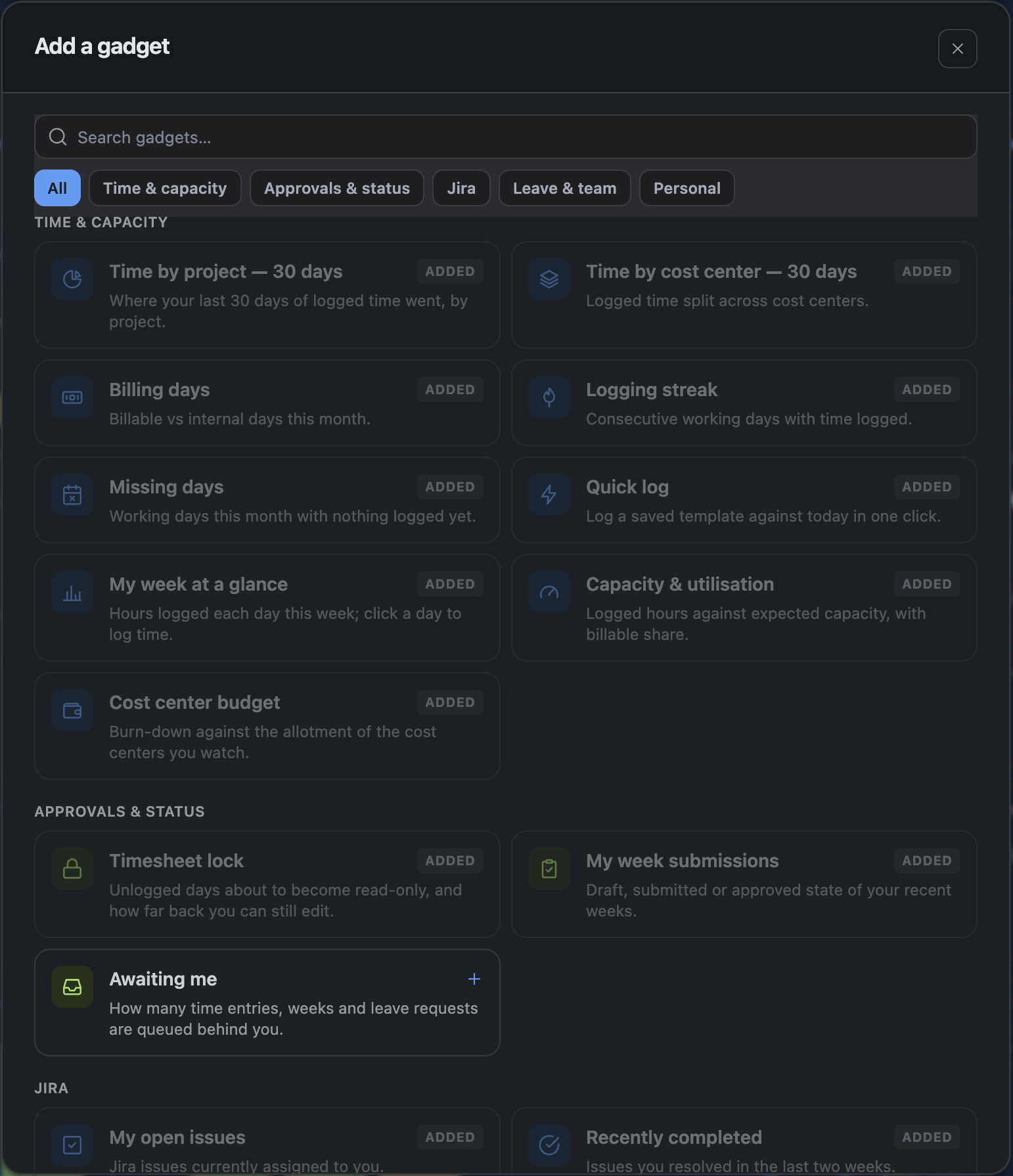 The gadget picker with the category filter row and a search term entered