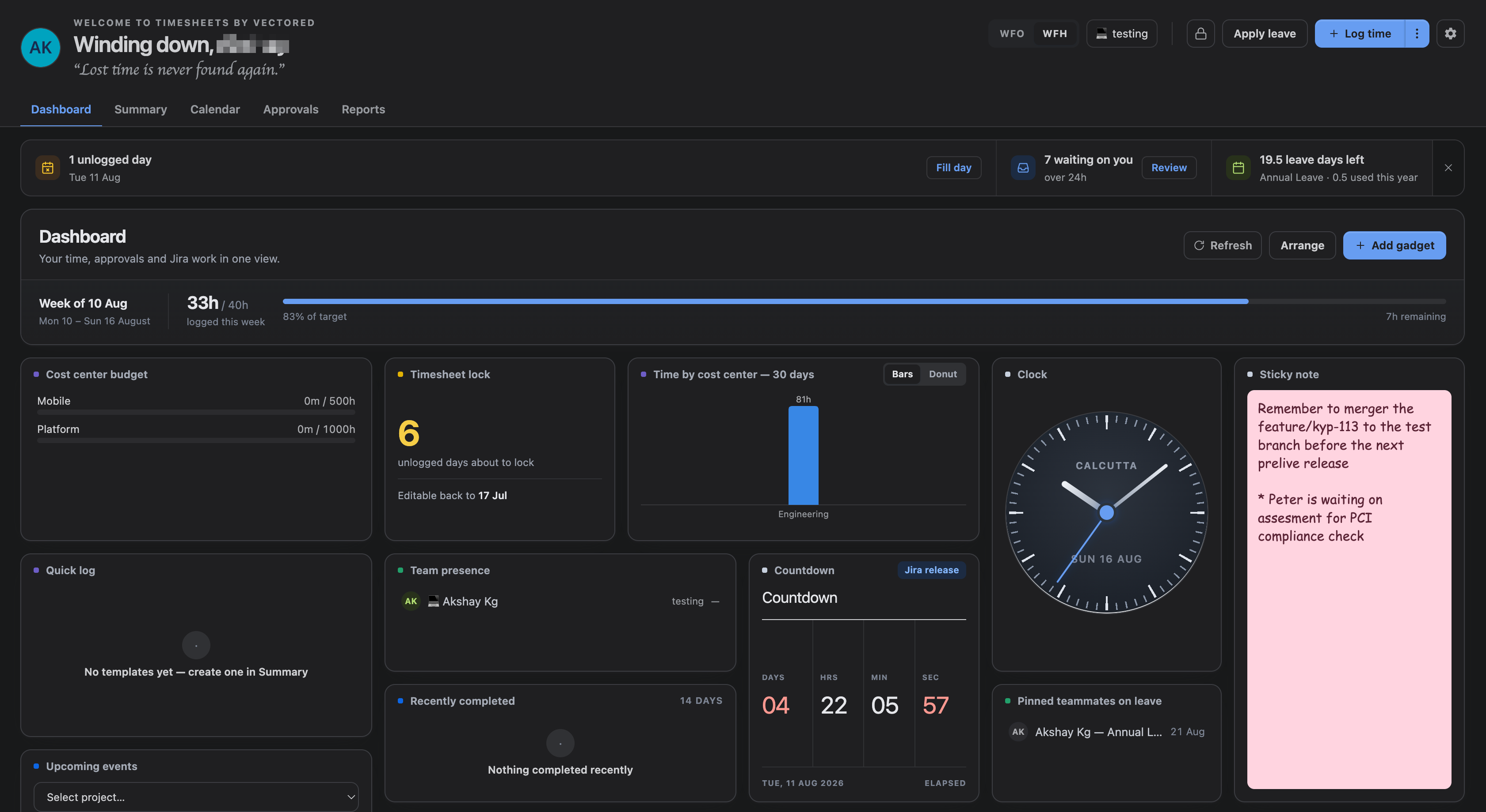 The TimeSheets Hub with the Dashboard tab open, showing the tab bar across the top