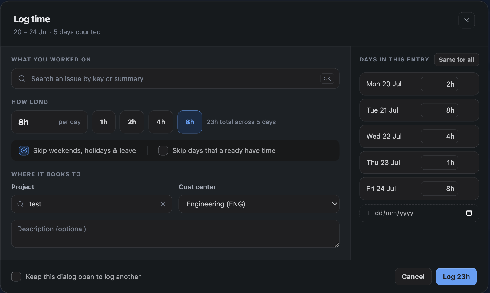 The Log time dialog with one project and cost centre selected at the top, and three rows below for different dates and durations