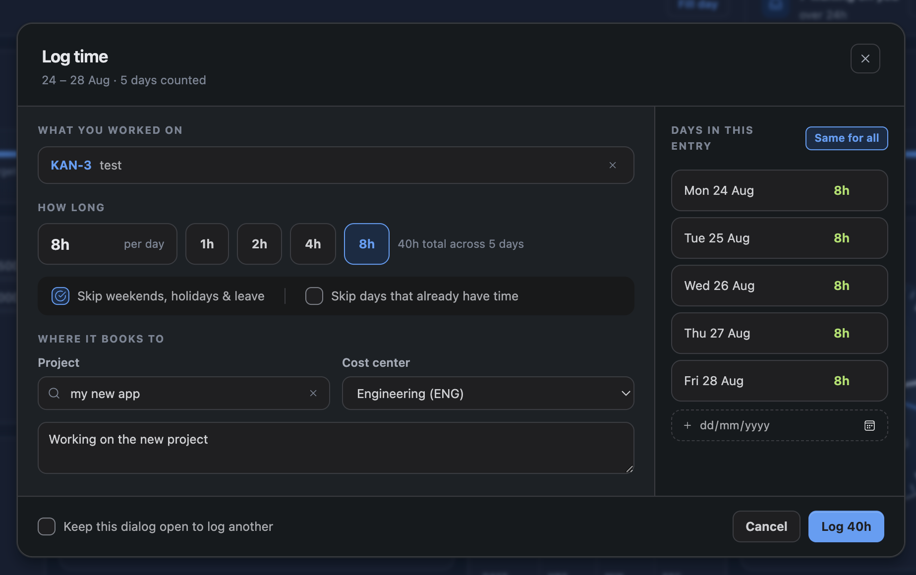 The Log time dialog with a project, cost centre, date and duration filled in