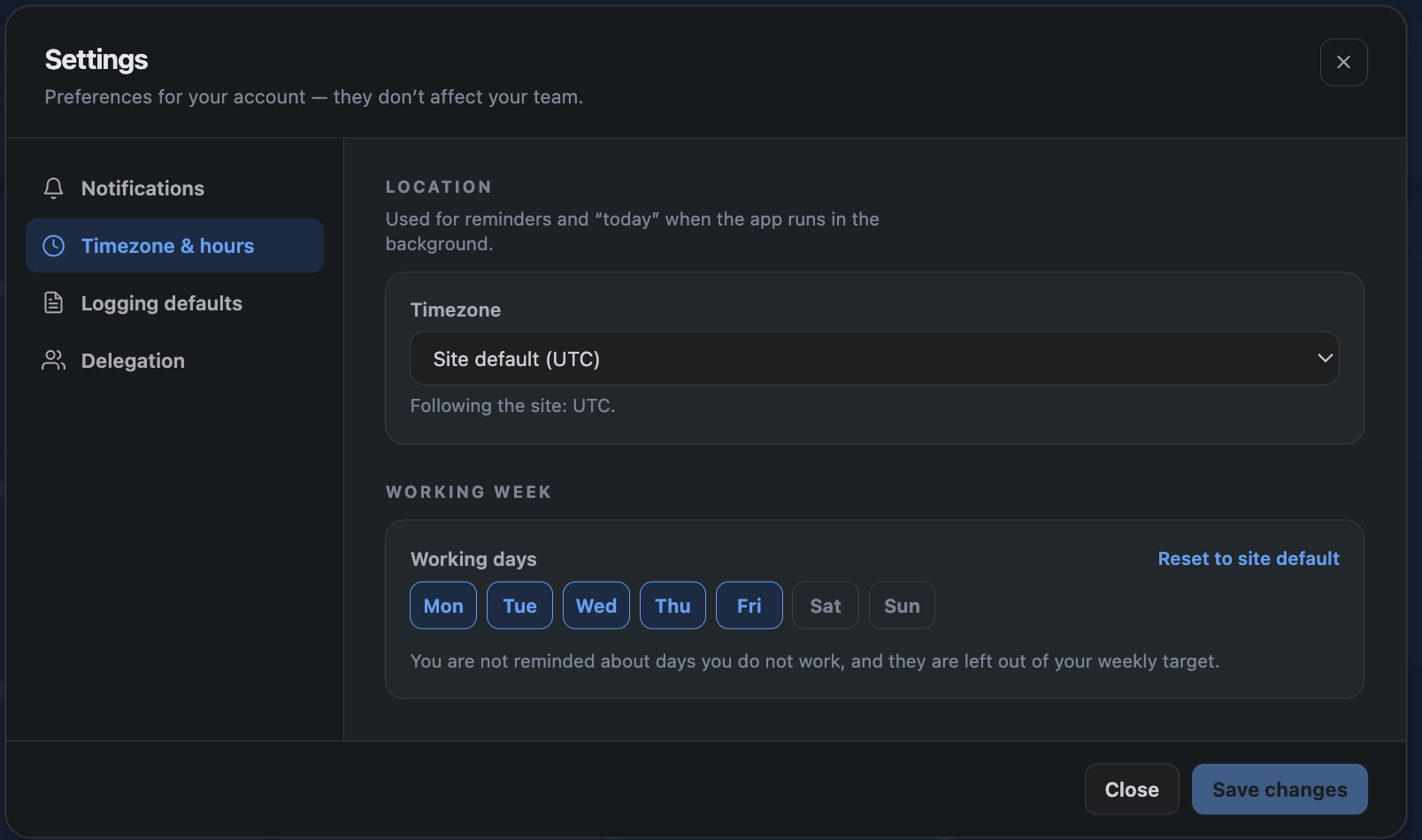 The personal settings screen showing timezone, working days and logging defaults