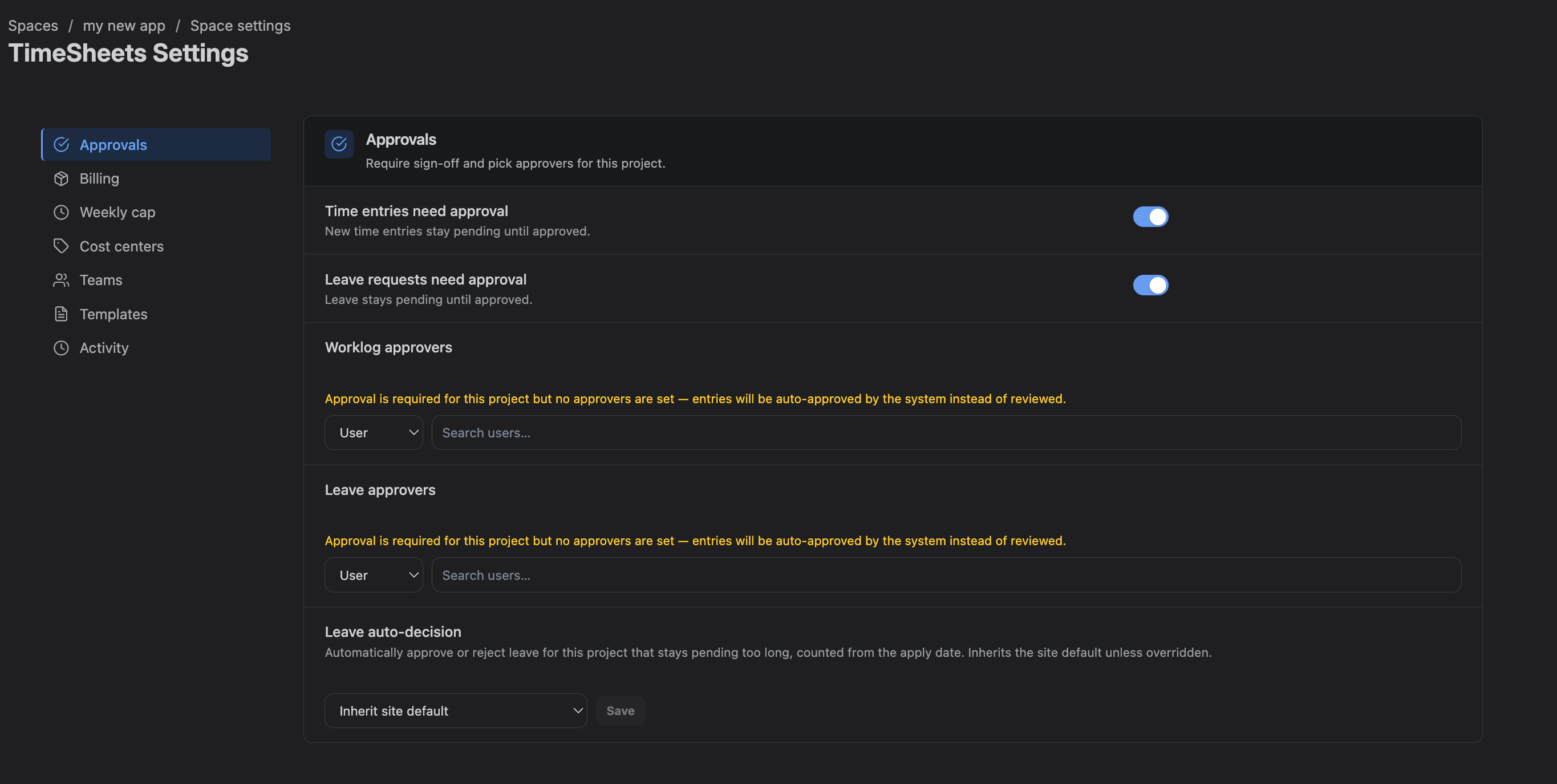 Project Settings showing the worklog approvers and leave approvers pickers with a person and a group selected