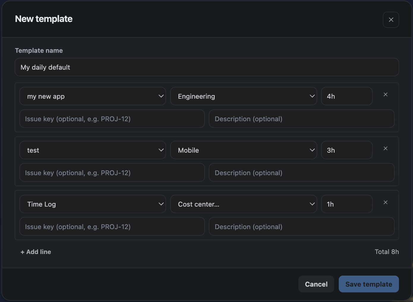 The template editor showing several lines, each with its own project, cost centre and duration
